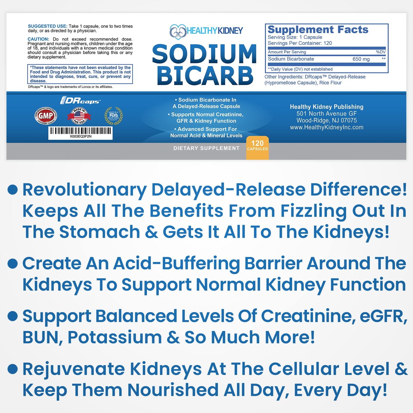 Kidney Restore Sodium Bicarbonate 650mg Delayed-Release Capsules | 120 Capsules