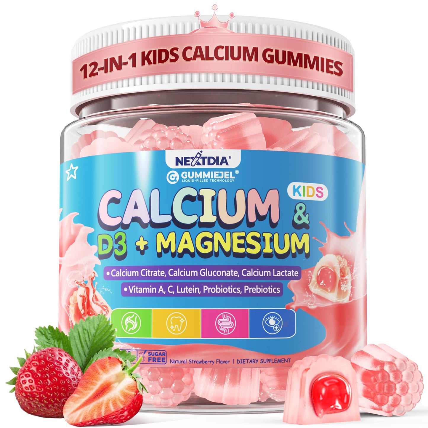 Kids Calcium Gummies + D3 & Magnesium for 4+ (60 Count) – Sugar Free, Probiotics & Prebiotics