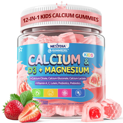 Kids Calcium Gummies + D3 & Magnesium for 4+ (60 Count) – Sugar Free, Probiotics & Prebiotics