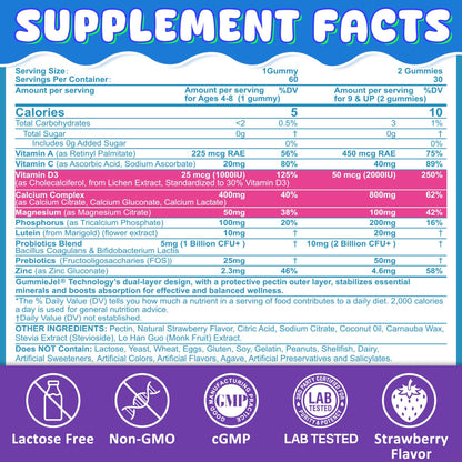 Kids Calcium Gummies + D3 & Magnesium for 4+ (60 Count) – Sugar Free, Probiotics & Prebiotics