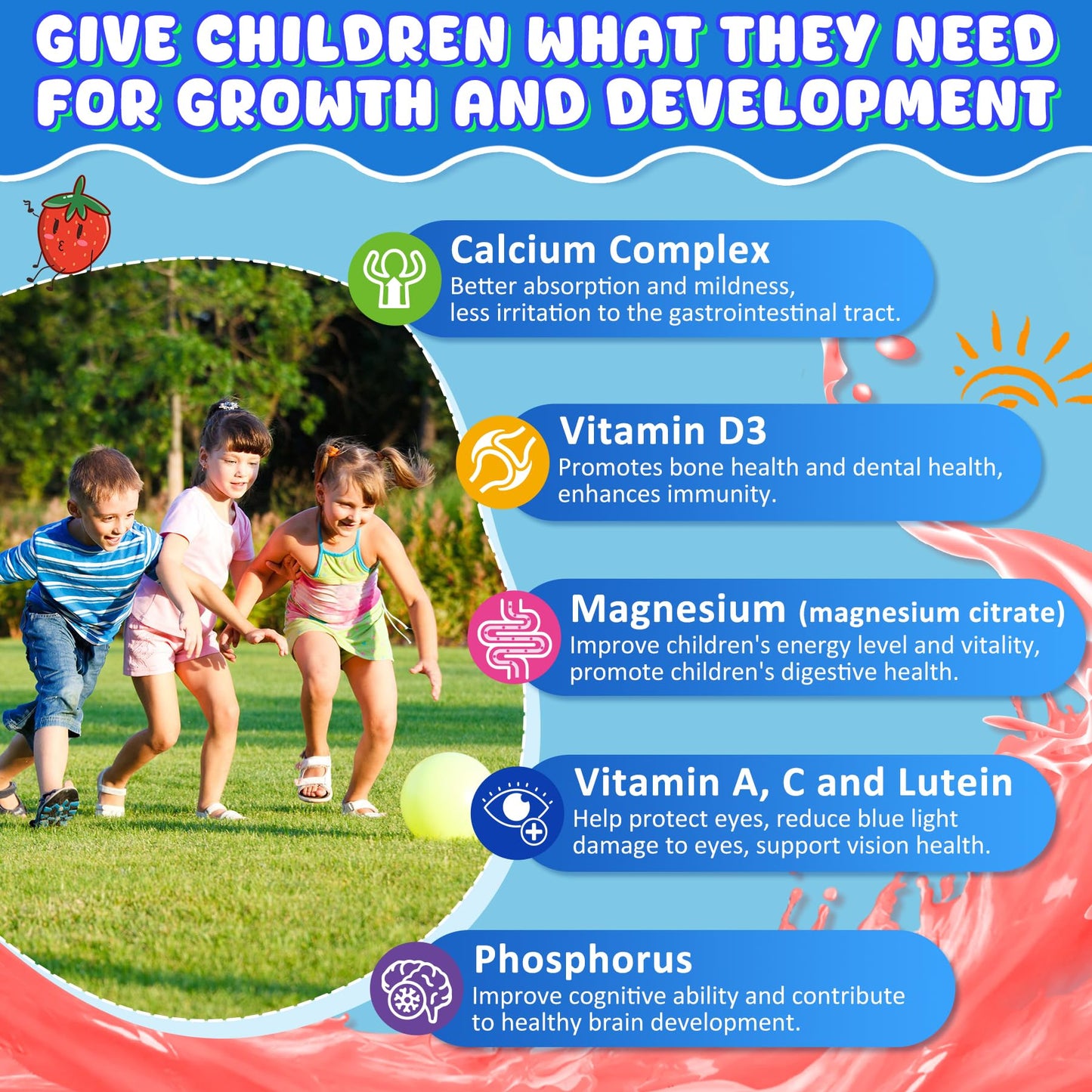 Kids Calcium Gummies + D3 & Magnesium for 4+ (60 Count) – Sugar Free, Probiotics & Prebiotics