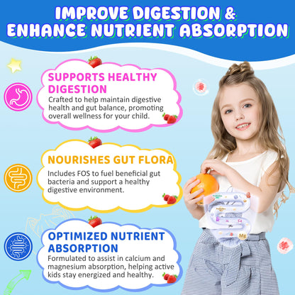 Kids Calcium Gummies + D3 & Magnesium for 4+ (60 Count) – Sugar Free, Probiotics & Prebiotics