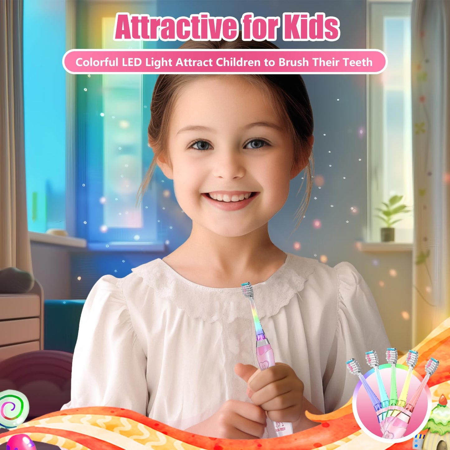 Kids Electric Toothbrush 2-12 | Rainbow LED, 2-Min Timer, Pink Giraffe