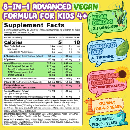 Kids Focus Gummies - Brain Supplements with Vegan Omega 3 DHA, Phosphatidylserine, L-Theanine, L-Tyrosine, Methylated B6 & B12 for Kids & Teen Support Attention, Memory, Nootropic, Sugar Free 60cts