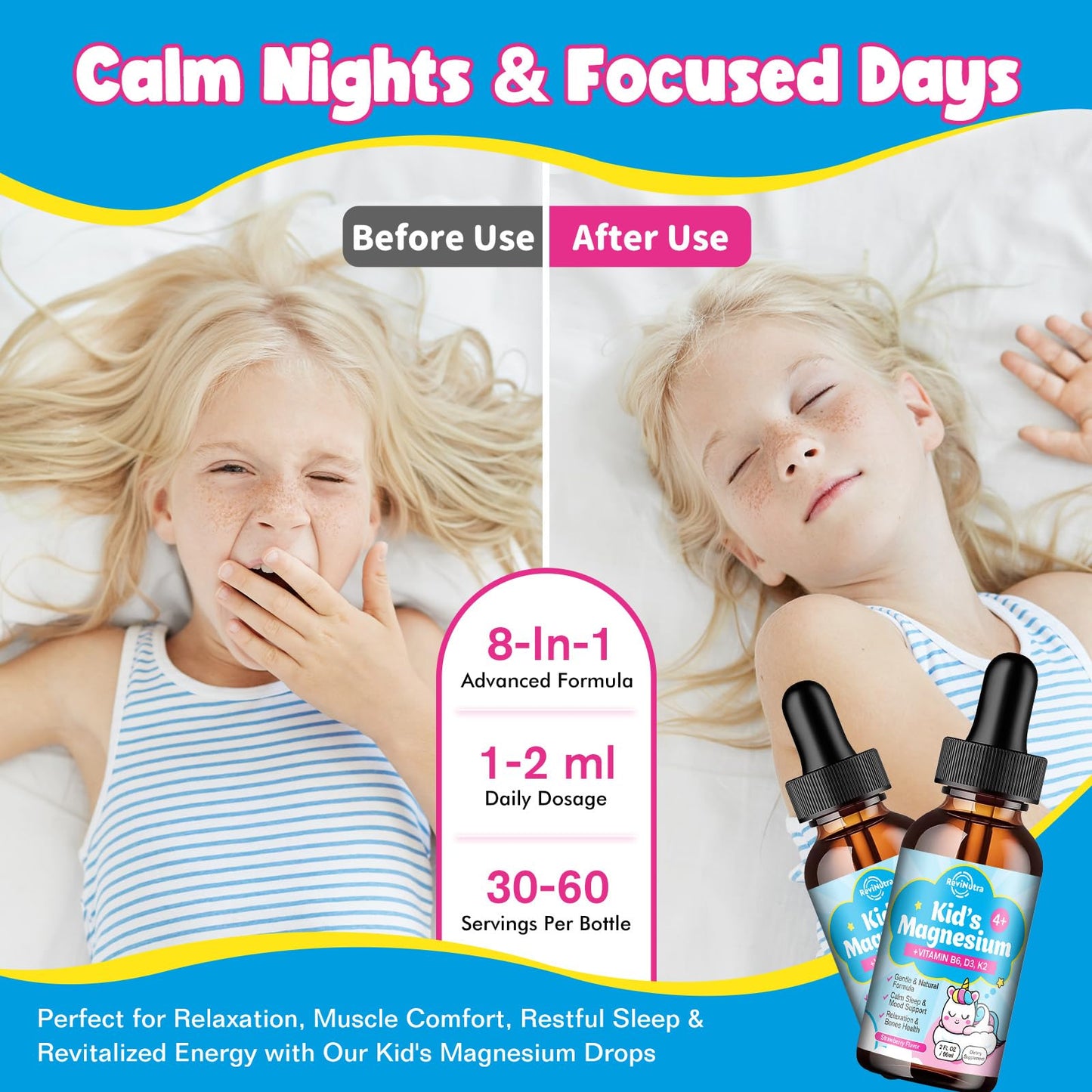 Kids Magnesium Glycinate Drops with Omega-3 & Vitamins - Sleep, Calm, Focus (Strawberry)
