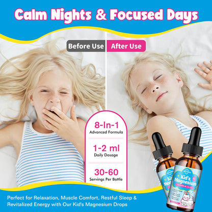 Kids Magnesium Glycinate Drops with Omega-3 & Vitamins - Sleep, Calm, Focus (Strawberry)
