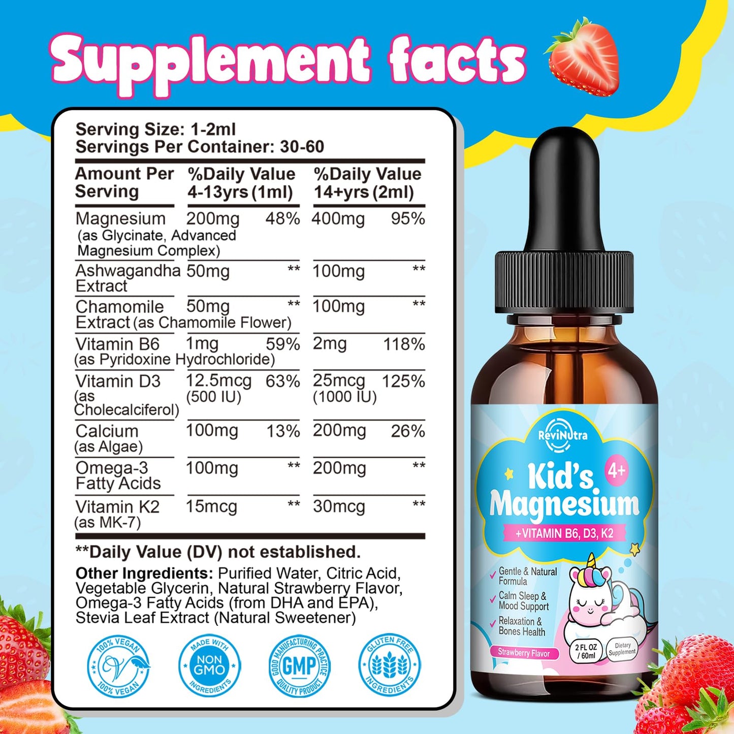Kids Magnesium Glycinate Drops with Omega-3 & Vitamins - Sleep, Calm, Focus (Strawberry)