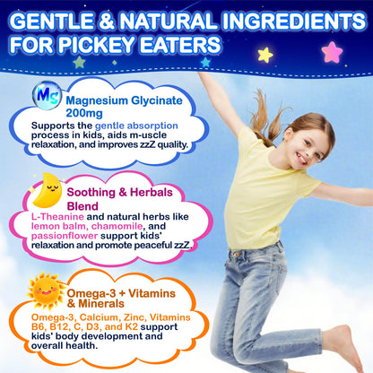 Kids Magnesium Glycinate Gummies 200mg – Sugar Free, Non-GMO, Vegan, with Omega-3 & L-Theanine