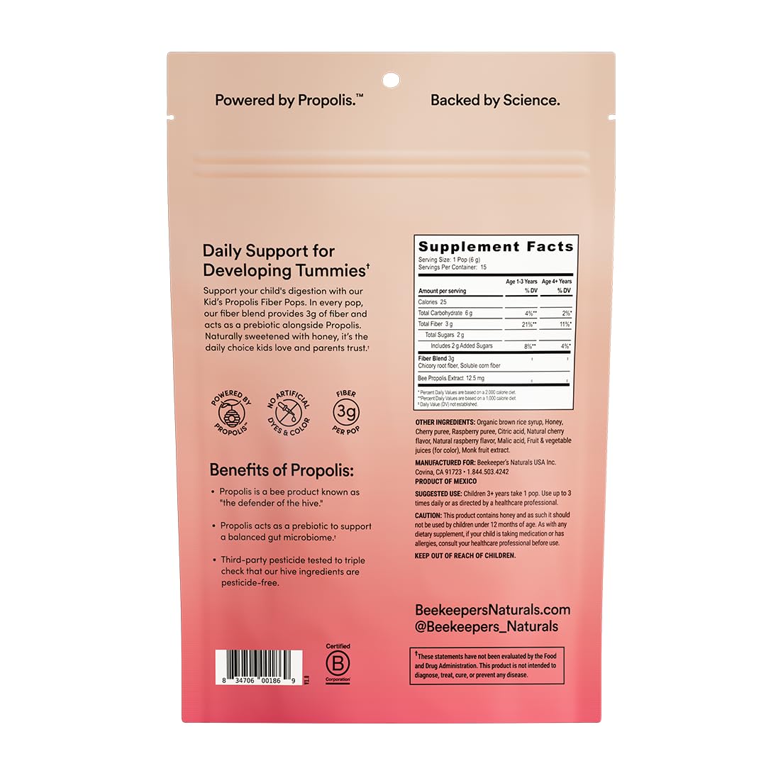 Kids Prebiotic Fiber Lollipops by Beekeeper's Naturals – Doctor Formulated, 3g Fiber per Pop (Raspberry Blast & Sweet Cherry), 15 ct