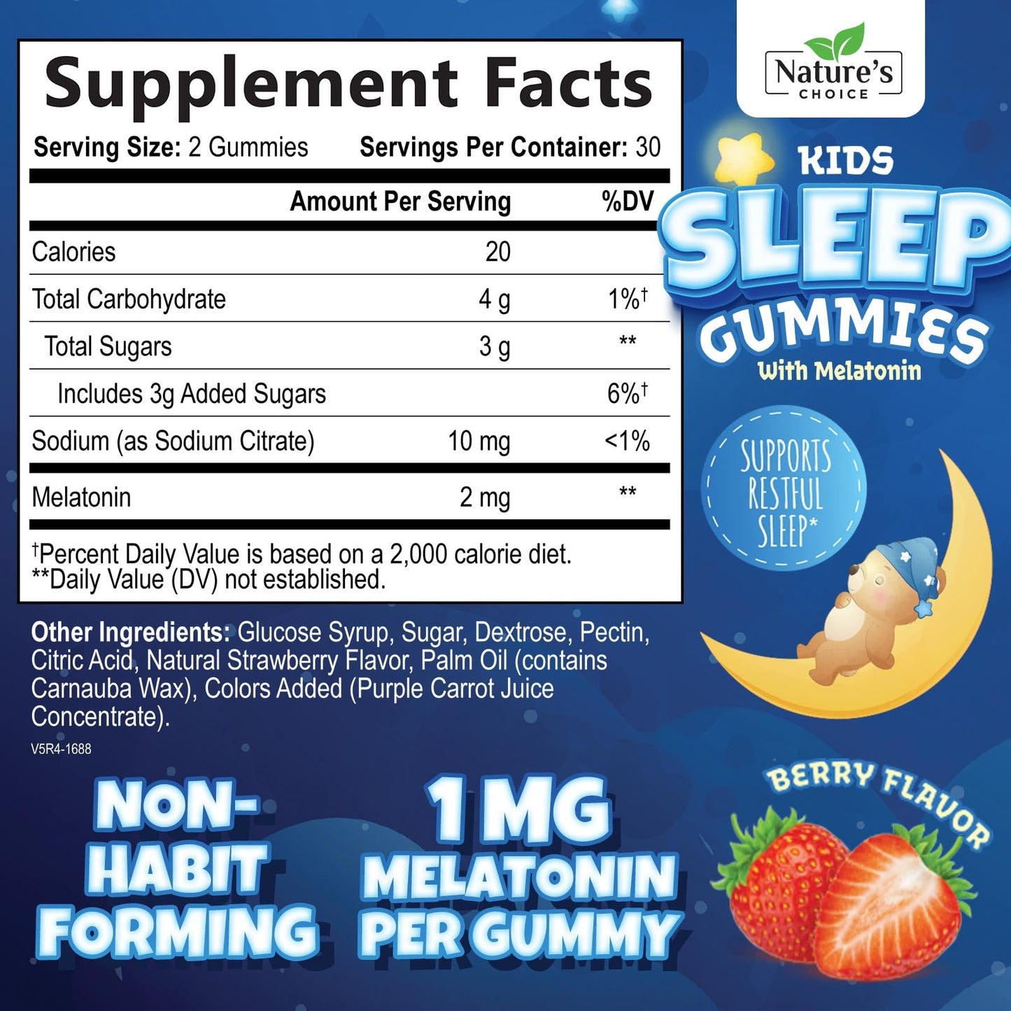Kids Sleep Gummies 2mg for Children - Non-Habit Forming Melatonin, Natural Berry Flavor, 60 Gummies