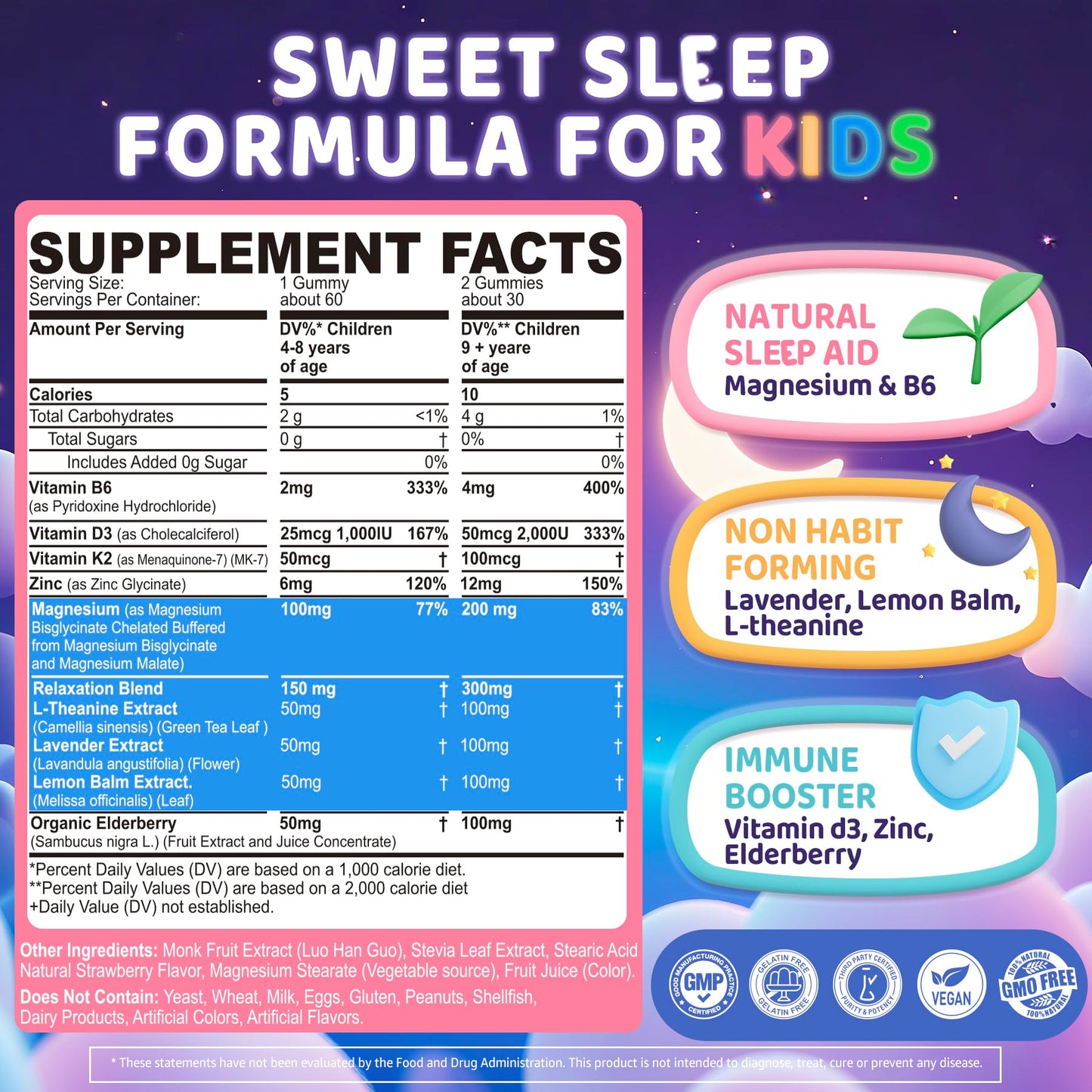Kids Sleep Gummies - No Melatonin with Magnesium Glycinate, L-Theanine, Zinc & D3K2 | Immune Support