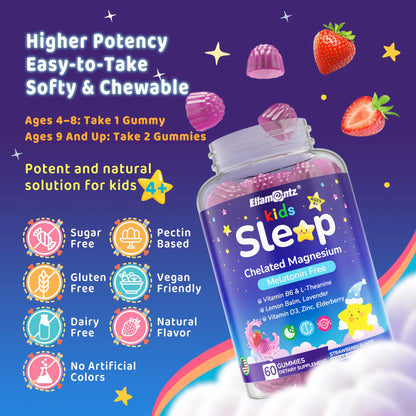 Kids Sleep Gummies - NO Melatonin Sleep Aid with Magnesium Glycinate, Magnesium Malate, L-Theanine, Lavender, B6, Zinc, D3K2 | 2-Pack