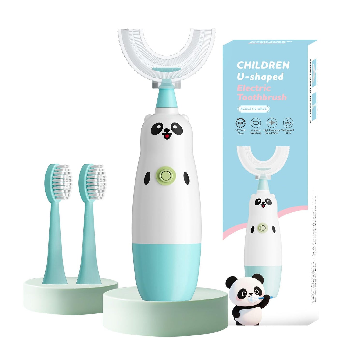Kids U-Shaped Sonic Electric Toothbrush – 2 Brush Heads, 360° Cleaning, IPX7 Waterproof, Ages 2-7 (Blue)