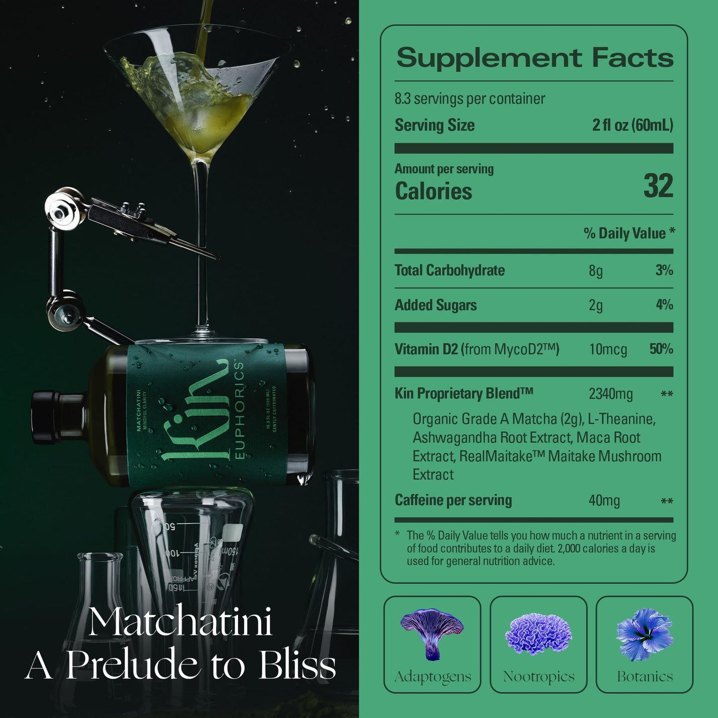 Kin Euphorics Matchatini | Non-Alcoholic Matcha Cocktail with Adaptogens, Nootropics, Botanicals | Vanilla, Maple & Tart Finish | 16.9 fl oz
