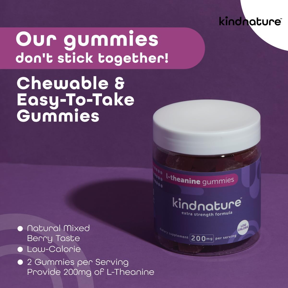 kindnature L-Theanine Gummies 200mg – Vegan Calm & Focus for Adults & Kids 4+ – Mixed Berry