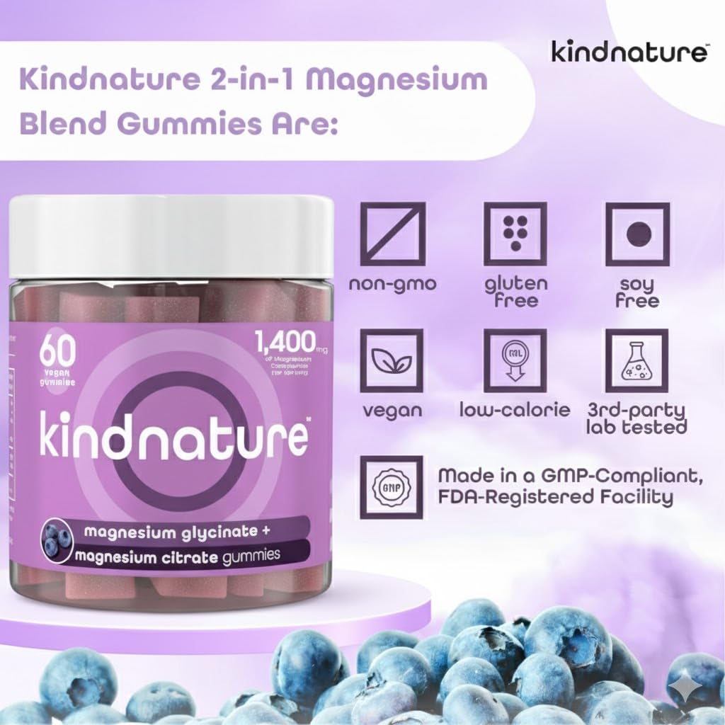 KINDNATURE Magnesium Glycinate & Citrate Gummies – Calm Sleep, Stress & Cramps | Vegan Magnesium – 60 Ct