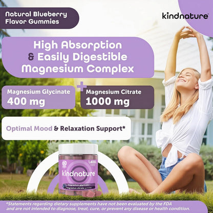 KINDNATURE Magnesium Glycinate & Citrate Gummies – Calm Sleep, Stress & Cramps | Vegan Magnesium – 60 Ct