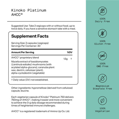 Quality of Life Kinoko Platinum AHCC 750mg – Immune Support & NK Cell Activity | 60 Veggie Capsules