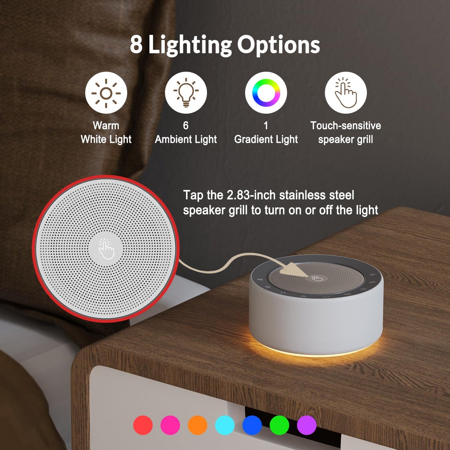 Kipcush White Noise Machine with Nursery Lamp | 30 Soothing Sounds, 8-Color Night Light, 8H Timer