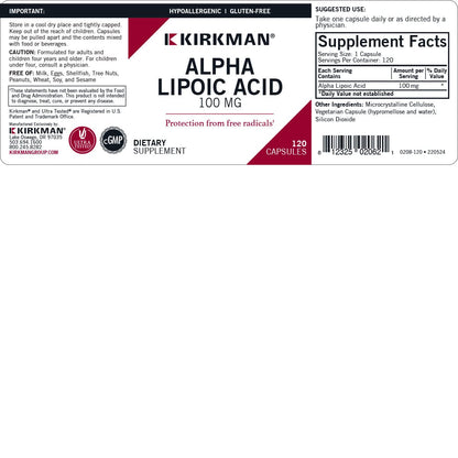 Kirkman Alpha Lipoic Acid 100 mg - Hypoallergenic | 120 Vegetarian Capsules