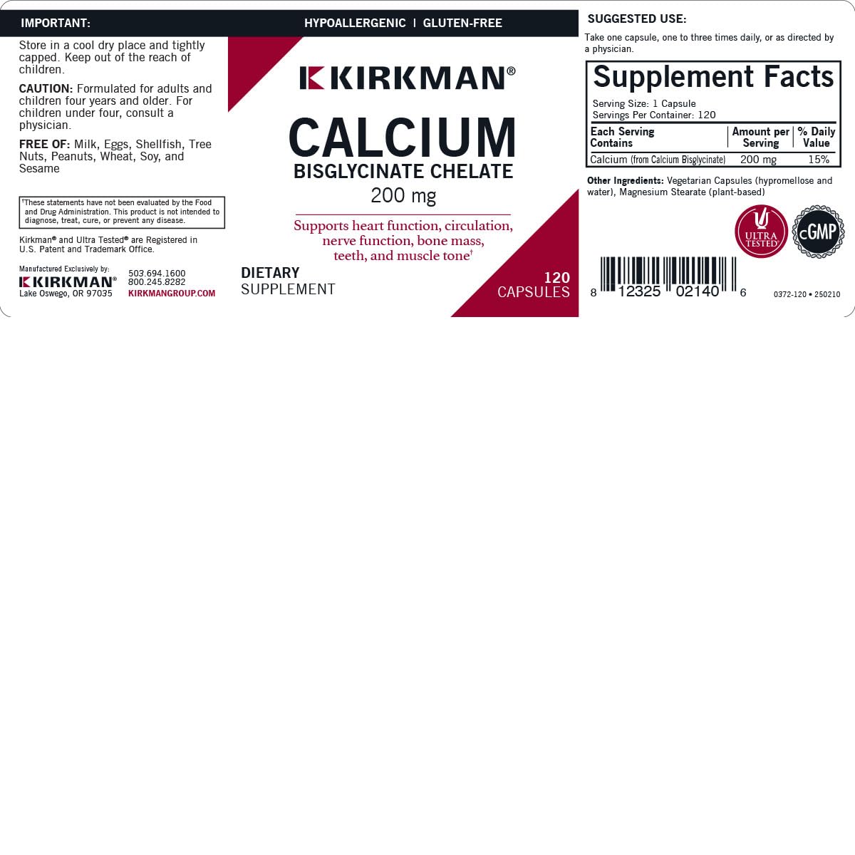 Kirkman Calcium Bisglycinate Chelate 200mg – 120 Capsules – Hypoallergenic – No Vitamin D3