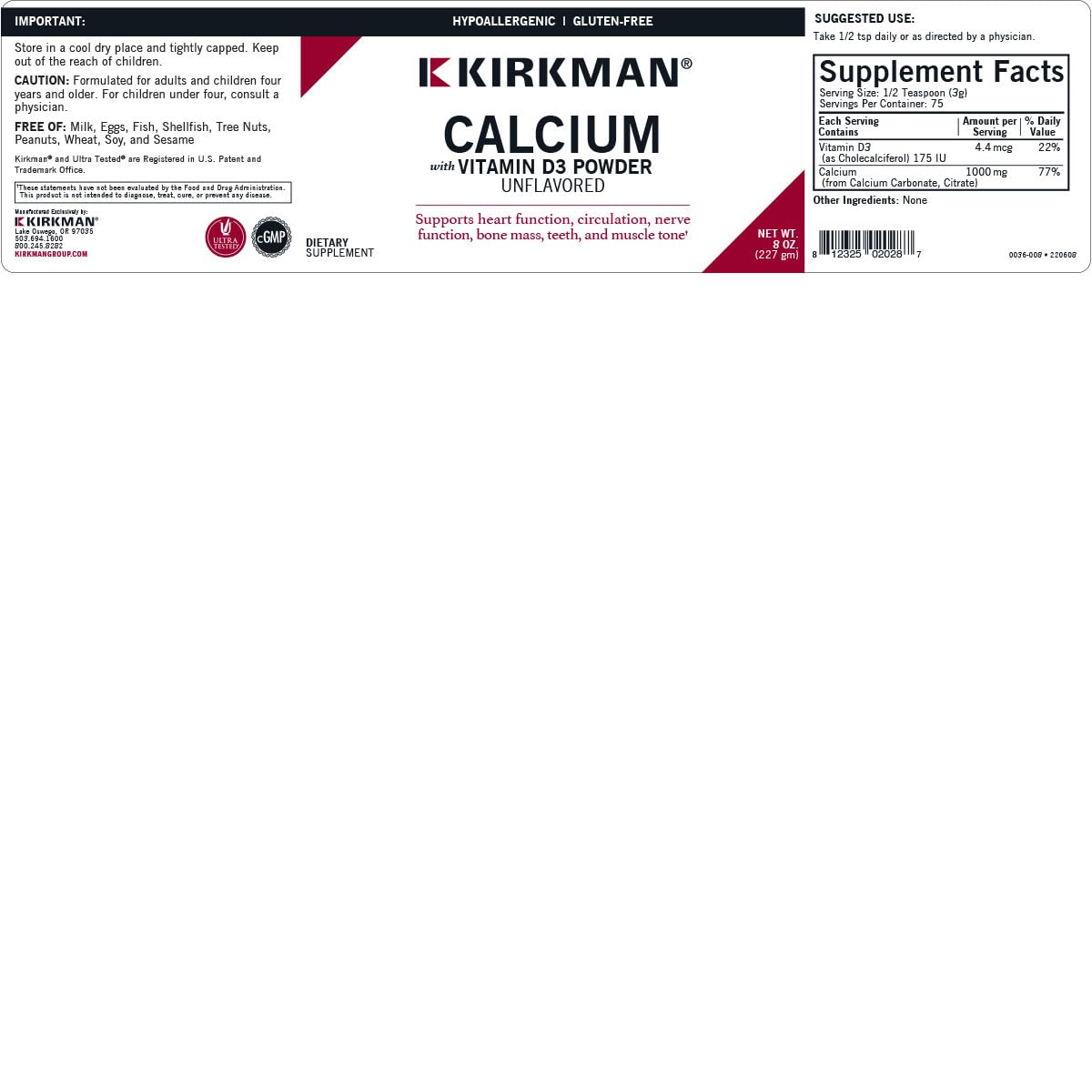 Kirkman Calcium with Vitamin D3 Powder - 8 oz | Essential Minerals for Strong Bones