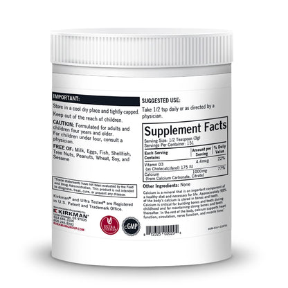 Kirkman Calcium with Vitamin D3 Powder – Unflavored, Hypoallergenic, Gluten & Casein Free | 454 g (16 oz)