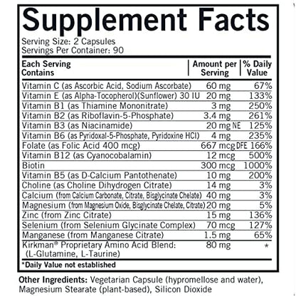 Kirkman Everyday Multivitamin Without Vitamins A & D - 180 Capsules | Hypoallergenic