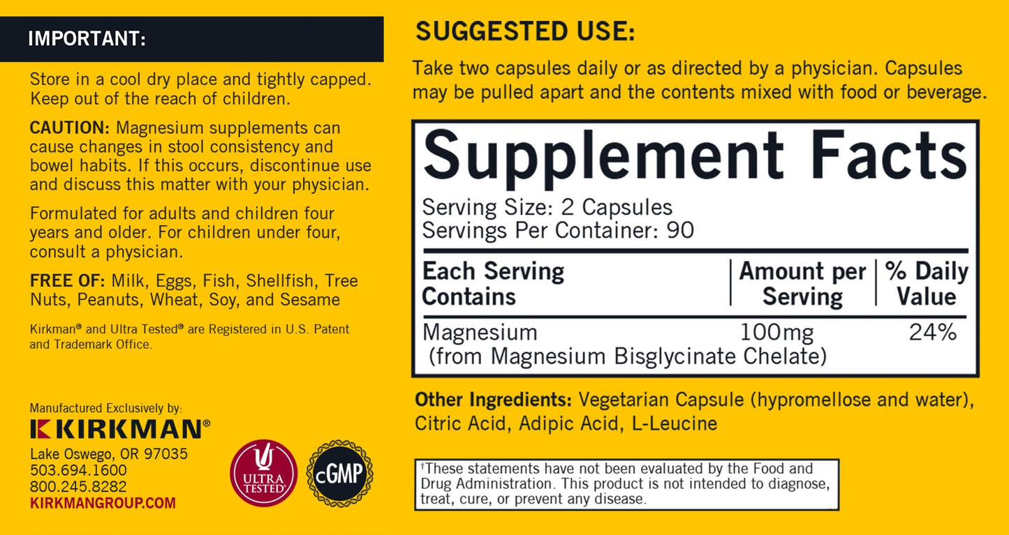 Kirkman - Magnesium Bisglycinate Buffered Chelate - 180 Capsules | Relaxes Nerves & Muscles, Restful Sleep, Hypoallergenic