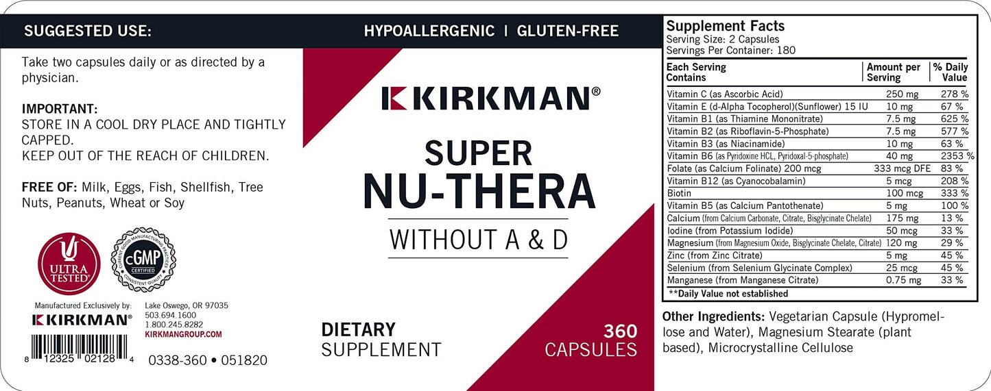 Kirkman Super Nu-Thera w/o Vitamins A and D – Hypoallergenic | 360 Vegetarian Capsules | Gluten & Casein Free Multi Vitamin
