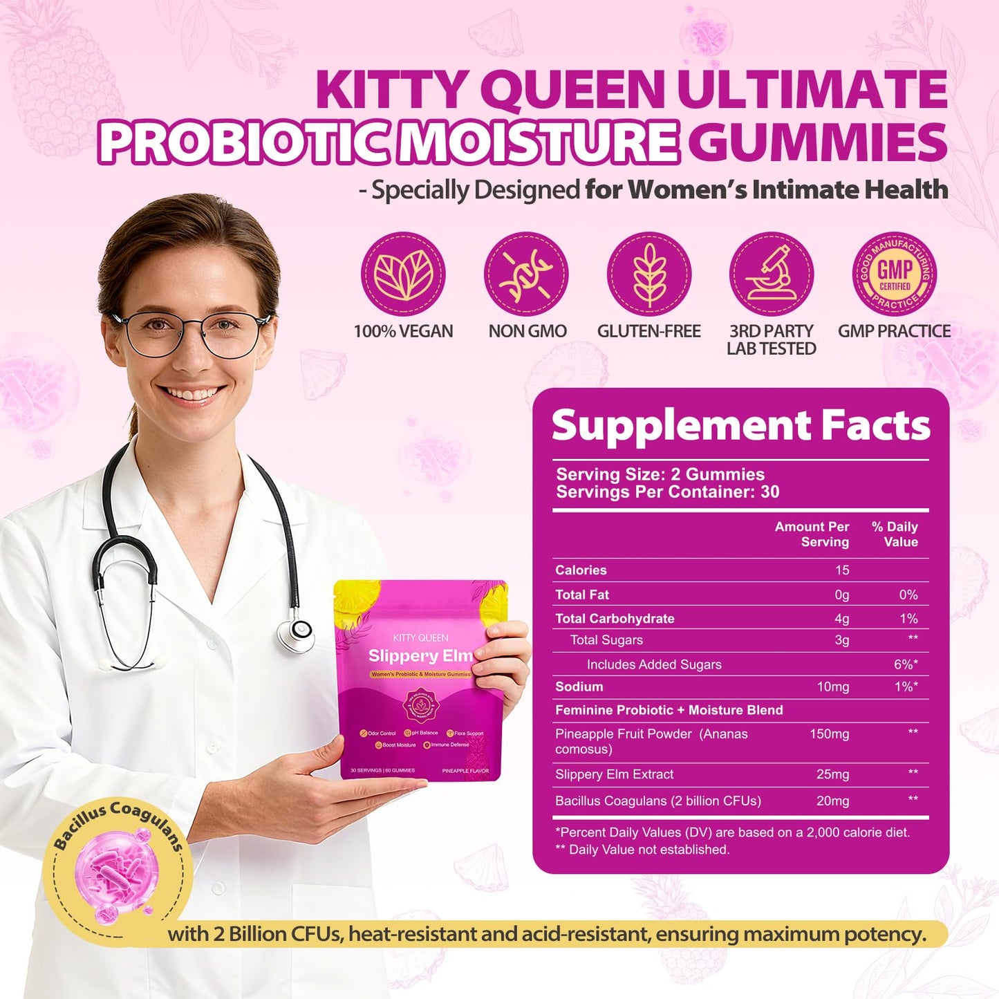 Kitty Queen Slippery Kitty Probiotic Gummies – 2B CFU Bacillus coagulans, pH Balance & Vaginal Flora