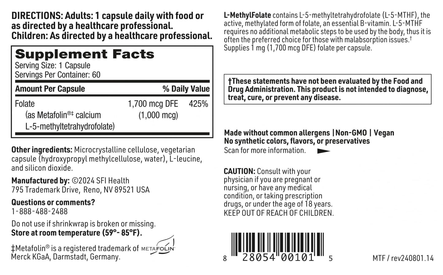 Klaire Labs SFI Health L-Methylfolate - 1000 mcg Folate Highly Bioavailable (60 Capsules)