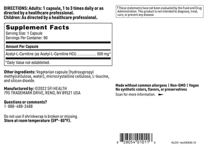 Klaire Labs SFI Health Acetyl-L-Carnitine 500 mg – Hypoallergenic Brain & Energy Support (90 Capsules)