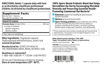 BioSpora Probiotic by SFI Health — Bacillus Coagulans & Subtilis, 2B CFU, Shelf-Stable