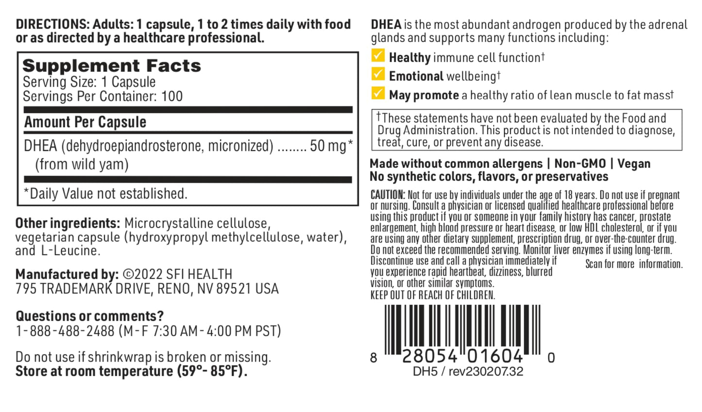 Klaire Labs DHEA 50mg – Micronized, Wild Yam-Derived, Soy-Free (100 capsules)