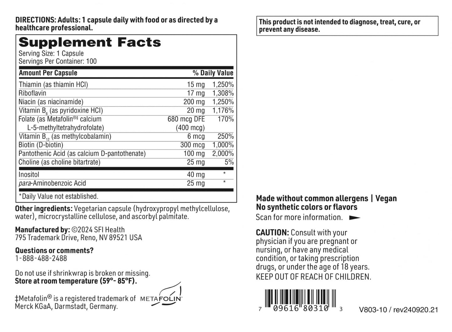 Klaire Labs SFI Health B Complex Plus – High Potency B Vitamin Complex with Methylcobalamin, Metafolin Folate, 100 Capsules
