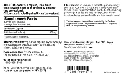 Klaire Labs SFI Health L-Glutamine Capsules - 500 mg - Hypoallergenic, Dairy & Gluten Free (100 Capsules)