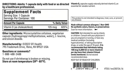 Klaire Labs SFI Health Vitamin D3 5000 IU | High Potency Vitamin D3 125 mcg | Immune & Bone Health (100 capsules)