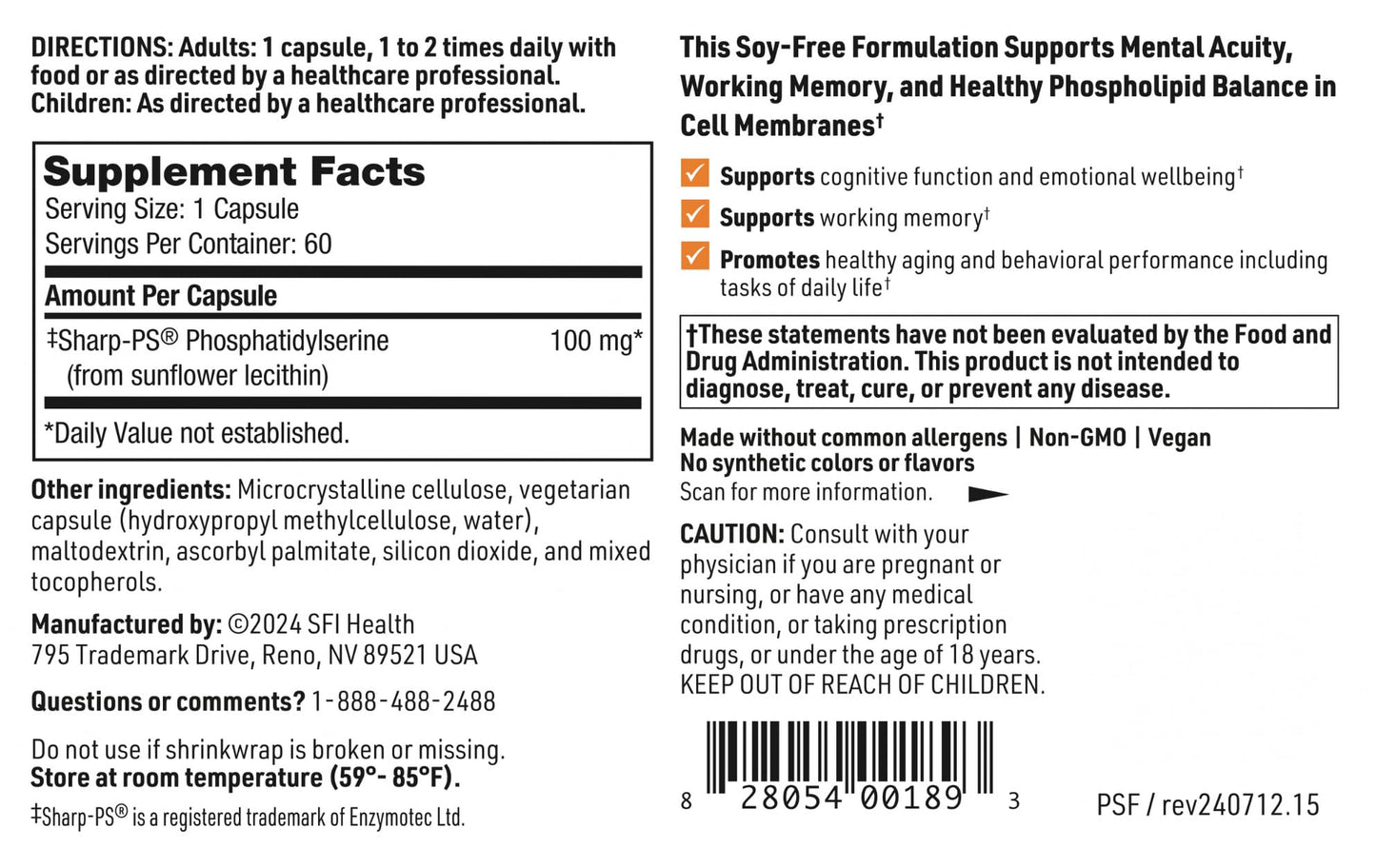 Klaire Labs SFI Health Phosphatidyl Serine SF – Soy Free from Sunflower Lecithin, 60 Capsules
