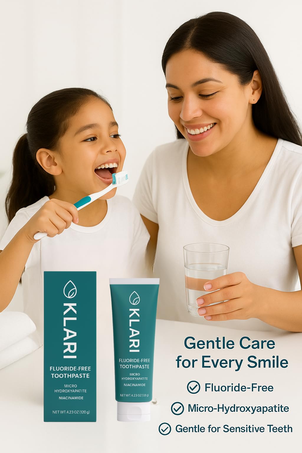 KLARI Fluoride-Free Toothpaste – 7.5% Micro-Hydroxyapatite & 1% Niacinamide | Clean Mint | 4.23 oz