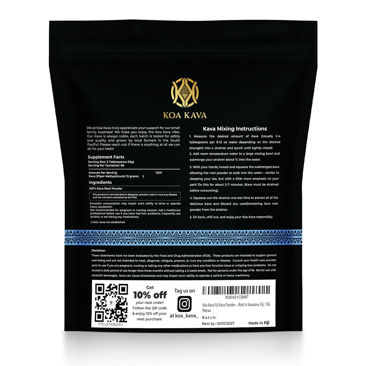 Koa Kava Fijian Kava - Premium Noble Fiji Waka Root, Balanced & Mellow (1 KG)