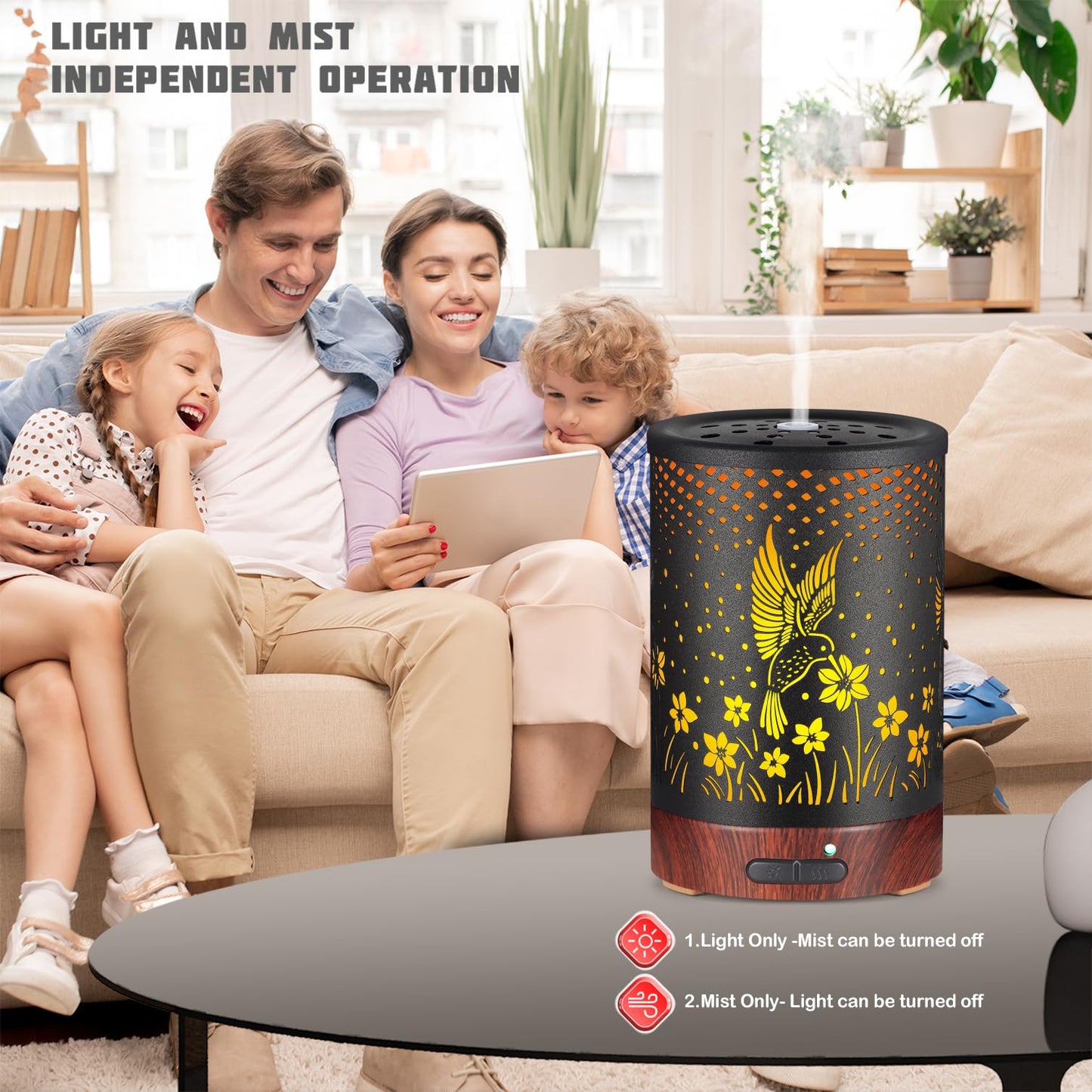 Essential Oils Diffuser – Aromatherapy Diffuser with 7-Color LED Lights, Auto-Off Metal Humidifier (C-Hummingbirds)