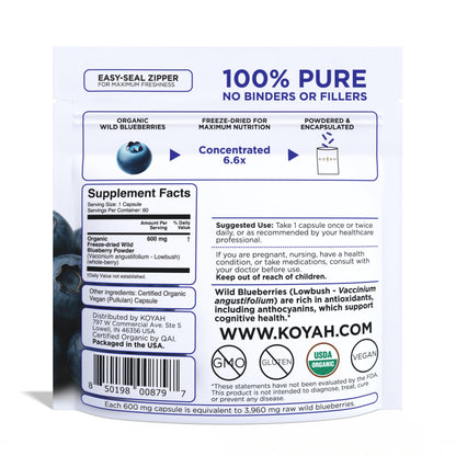 KOYAH Organic Wild Blueberry Capsules – Freeze-Dried Lowbush (Vaccinium angustifolium) – 60 Capsules | Cognitive Support