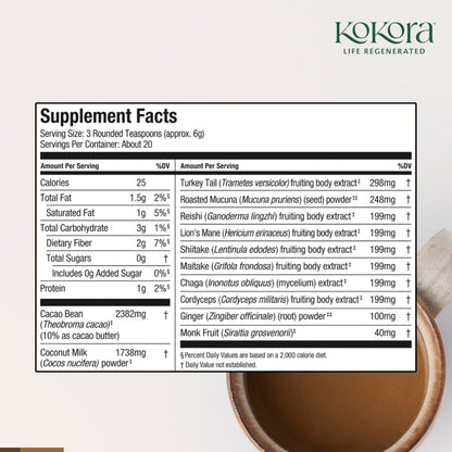 Kokora 7 Mushroom Mocha Organic Adaptogenic Powder: Lion's Mane & Turkey Tail