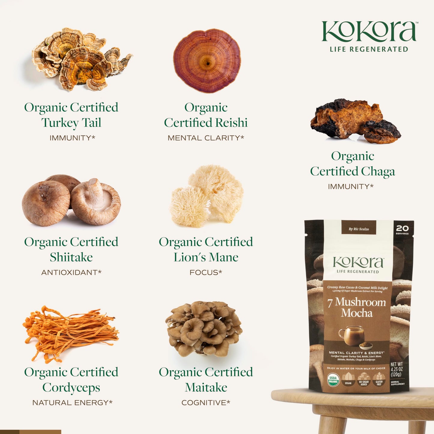 Kokora 7 Mushroom Mocha Organic Adaptogenic Powder: Lion's Mane & Turkey Tail