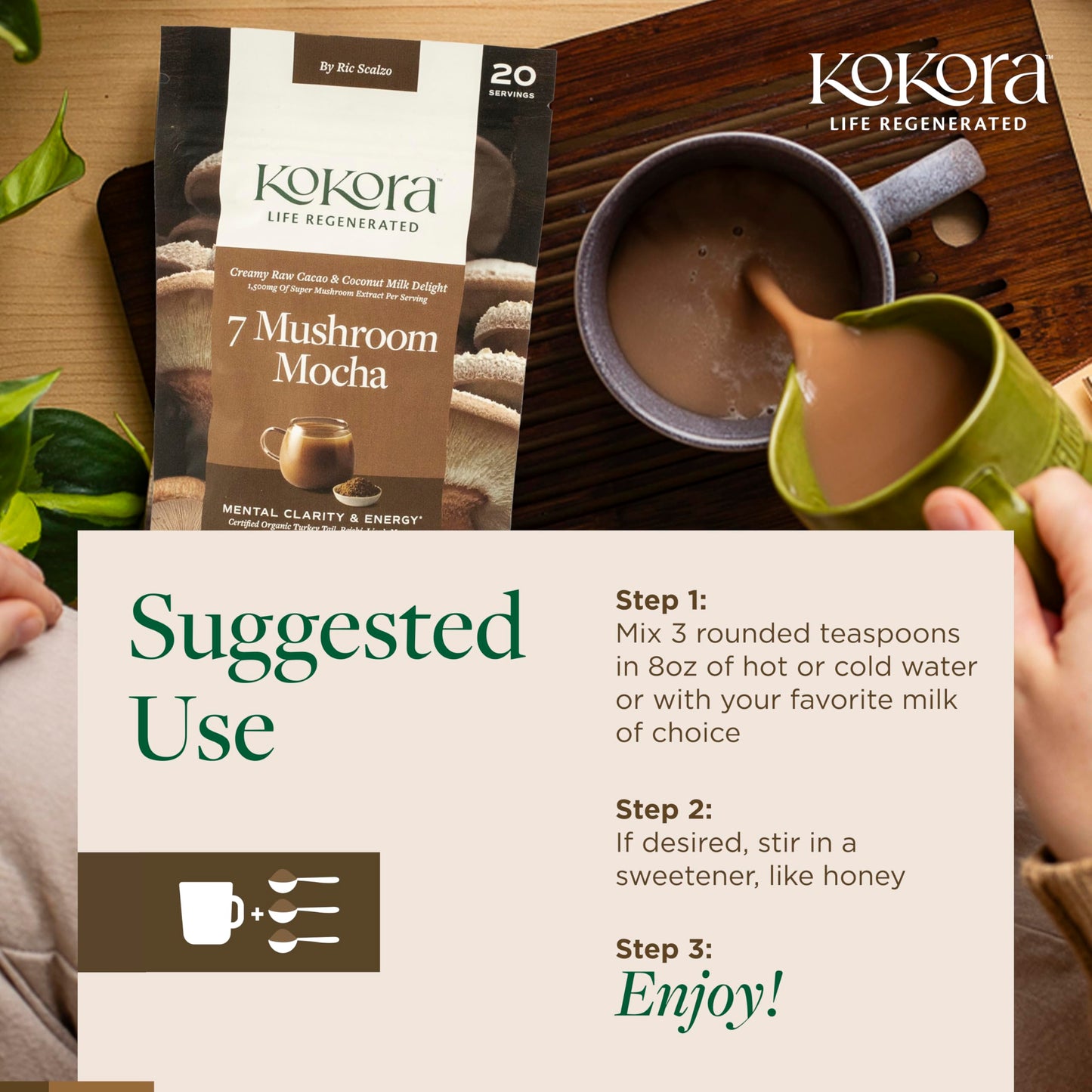 Kokora 7 Mushroom Mocha Organic Adaptogenic Powder: Lion's Mane & Turkey Tail
