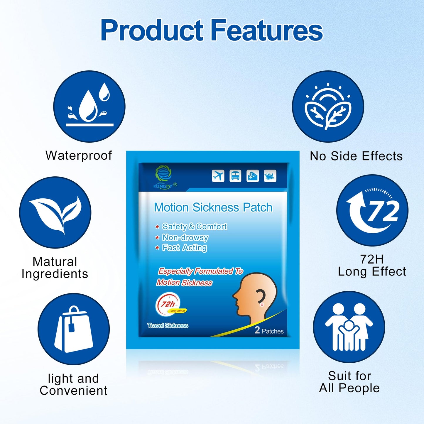 KONGDY Motion Sickness Patches for Kids & Adults — Waterproof, Non-Drowsy, Behind-Ear Sea Sickness (100 Count)