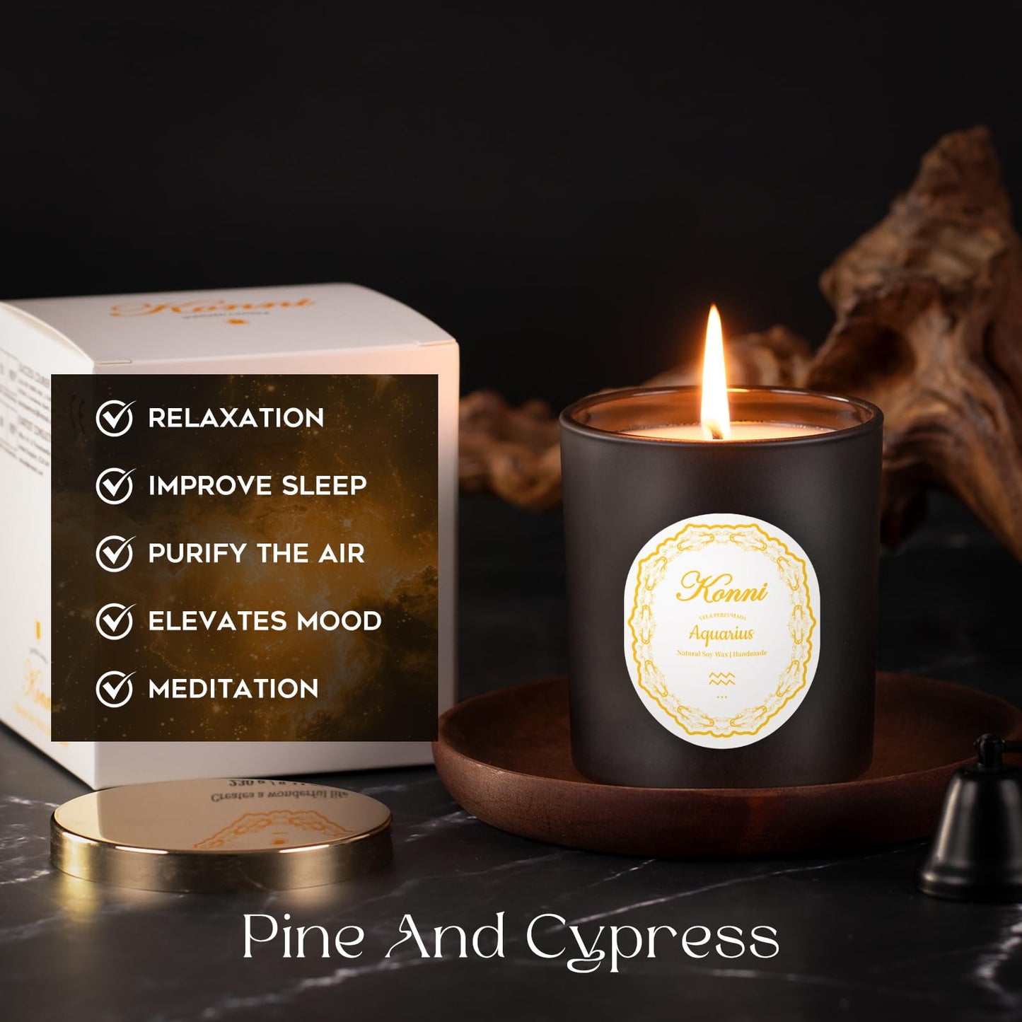 KONNI Aquarius Zodiac Candle – 7 oz Soy Wax, Pine & Cypress | Astrology Gift