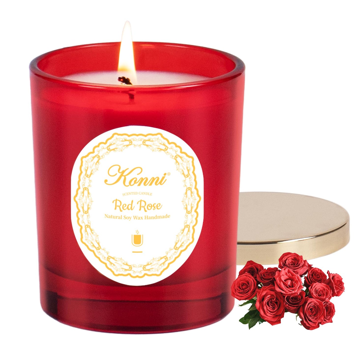 KONNI Scented Candles - Red Rose Soy Candle, 7 oz Jar, 40h Burn Time