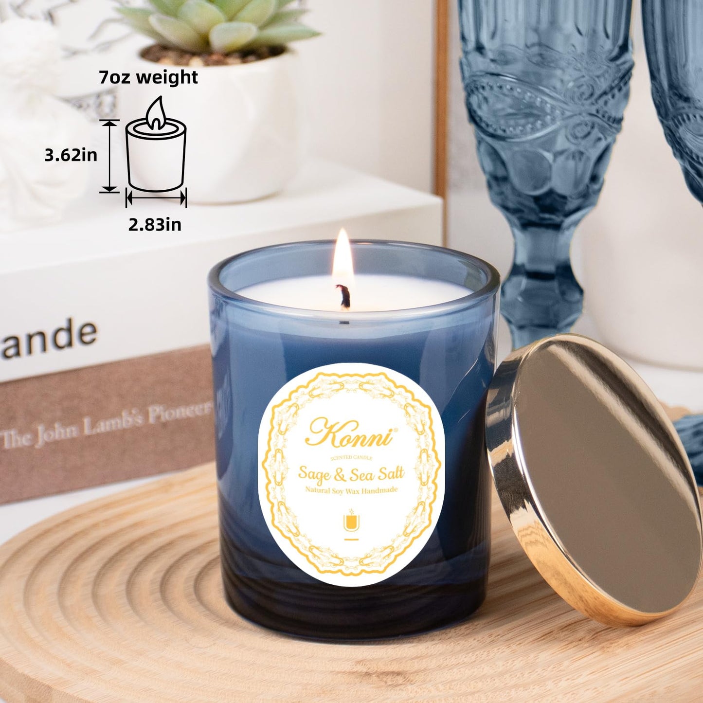 KONNI Scented Candles – Sage Sea Salt Soy Jar Candle, 7.4oz, 40h Burn
